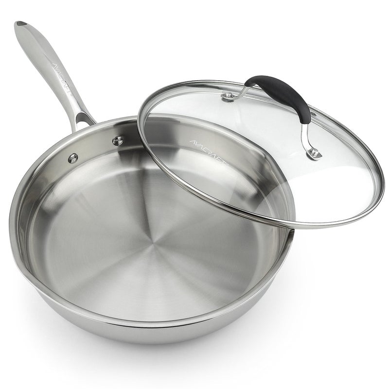 AVACRAFT 18/10 10 Inch Stainless Steel Frying Pan with Lid, Side Spouts, Induction, Versatile Stainless Steel Skillet - Image 1